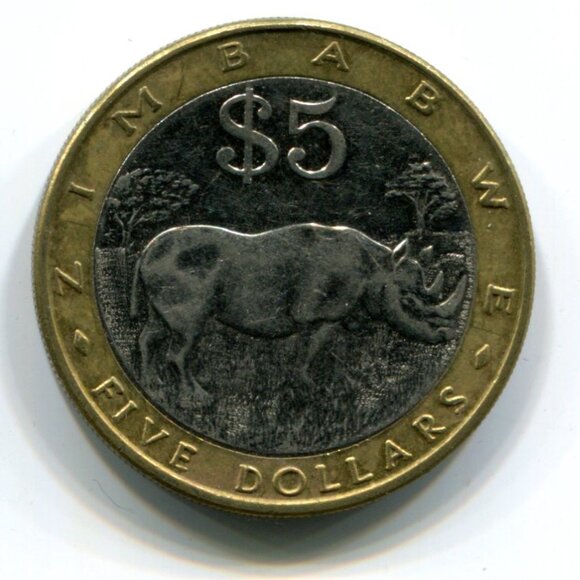 2001 Zimbabwe Bimetallic Rhino $5 Coin (b489-23) - Picture 2 of 2